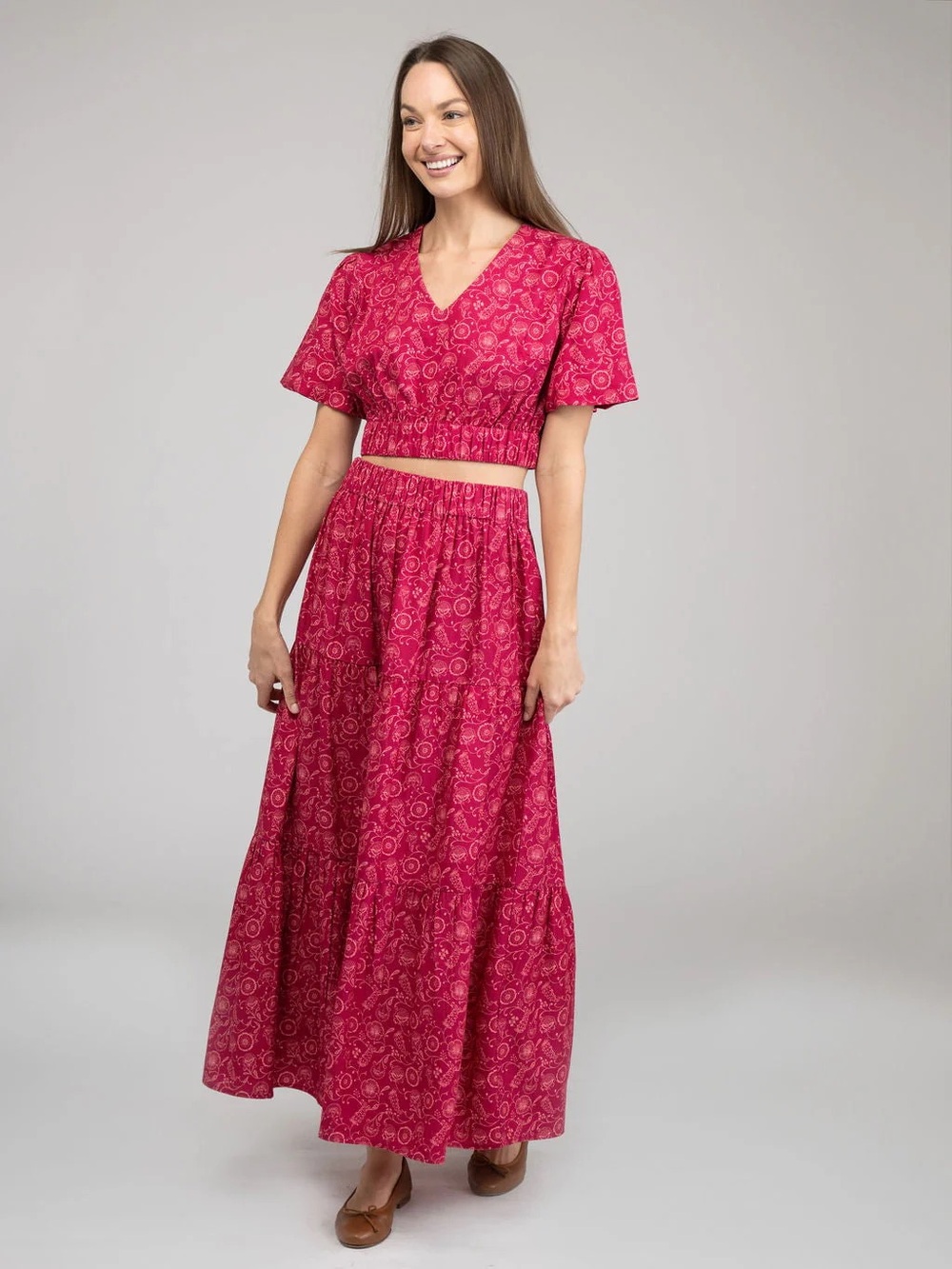 NEW Beau & Ro Abby Skirt & Crop Top Set Maroon Cosmo Red Floral Tiered Maxi XS